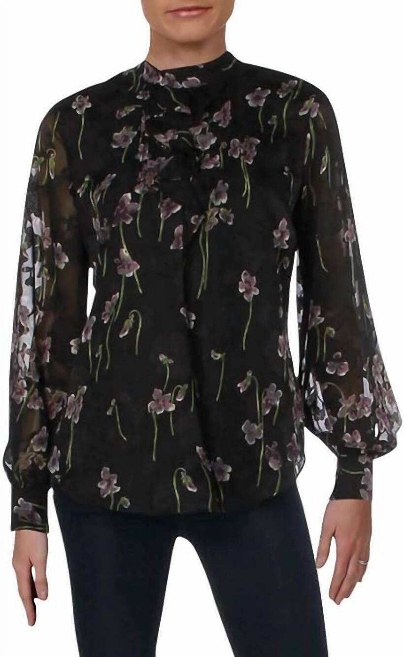 NEW RALPH LAUREN floral print mock neck blouse in black multi